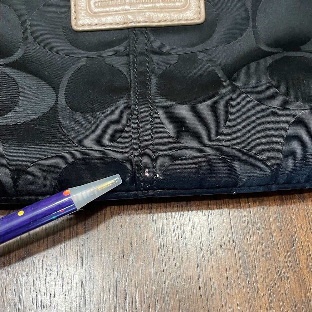 Coach Signiture Black and Tan Crossbody Bag with Red Accent - Picture 9 of 11